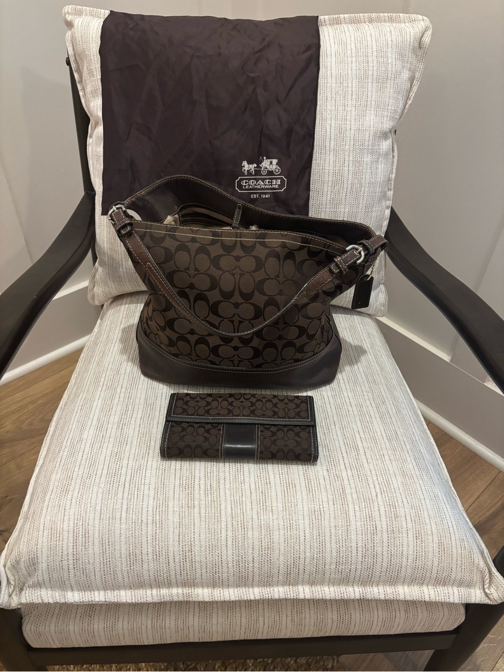 Coach Brown Signature Jacquard Hobo Shoulder Bag with Matching Wallet